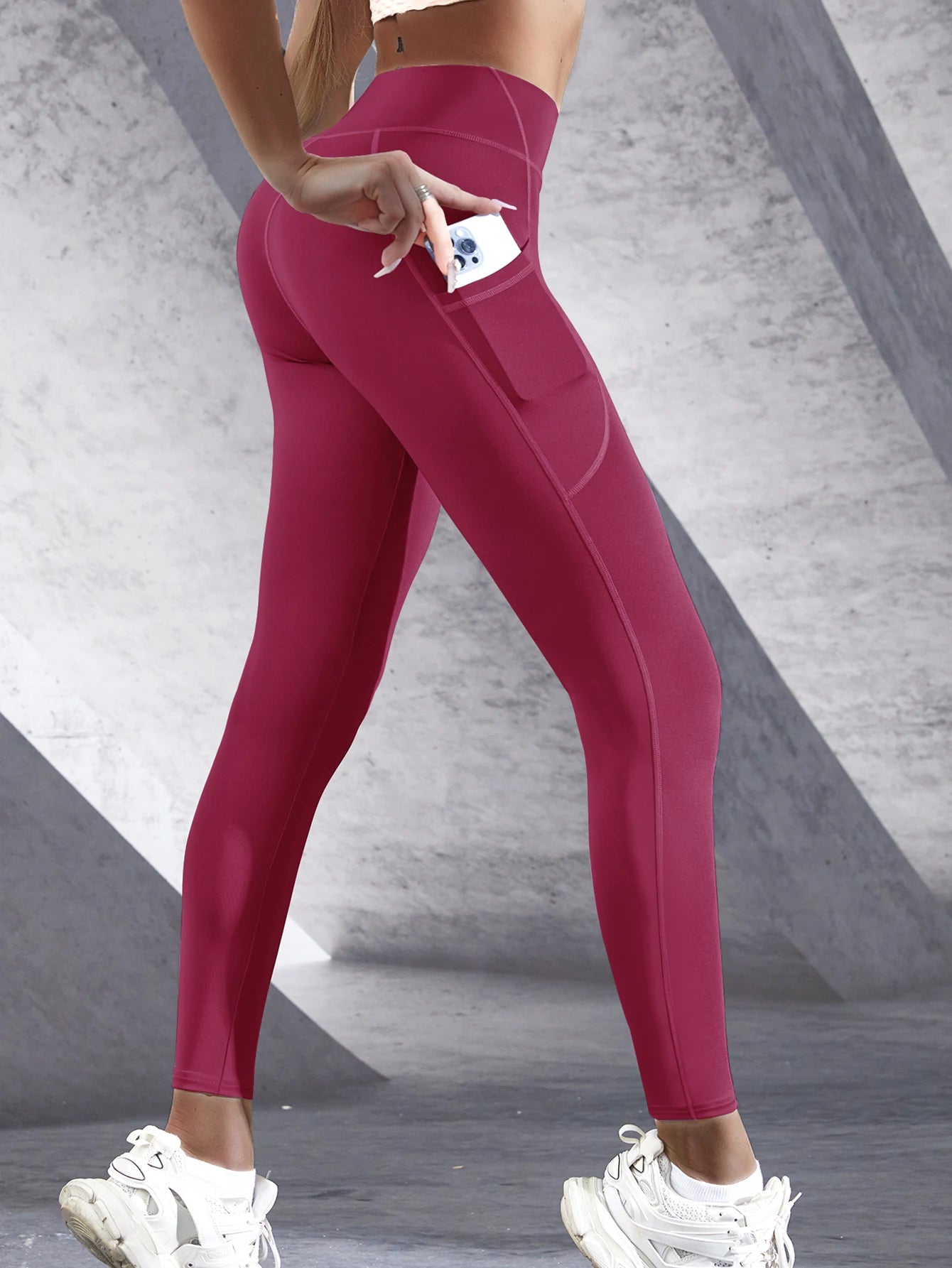 Nova cintura alta leggings meninas estiramento calças com bolsos push up fitness correndo calças esportivas cor sólida