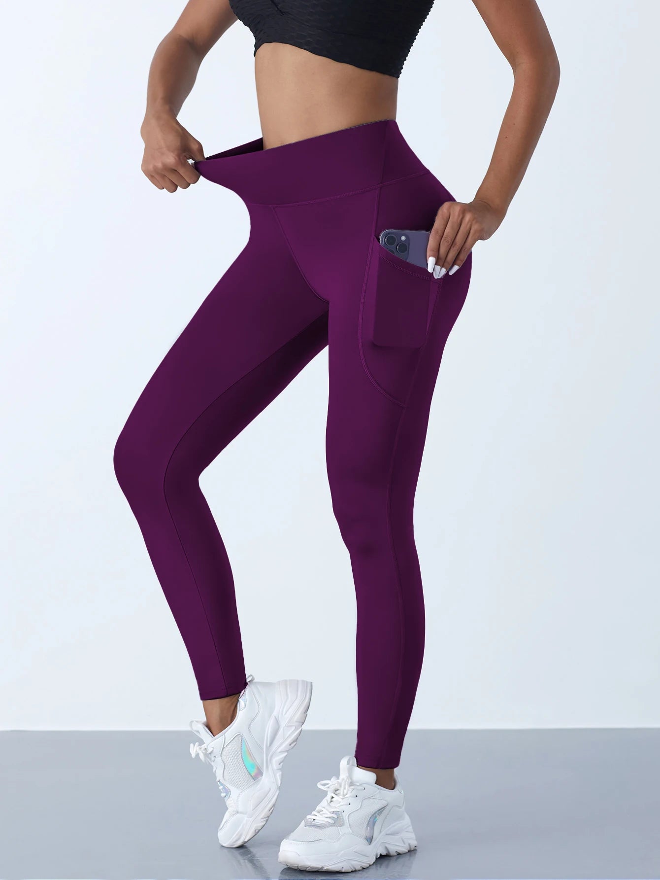 Nova cintura alta leggings meninas estiramento calças com bolsos push up fitness correndo calças esportivas cor sólida