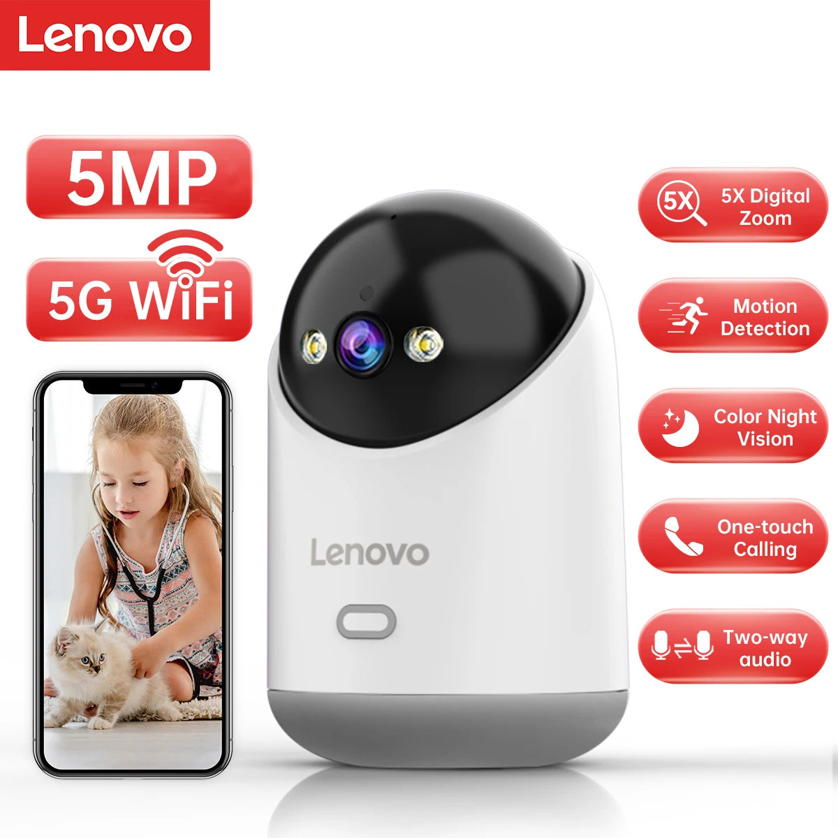 Lenovo 5mp wifi câmera de casa inteligente, câmera ip interna, cor cheia, visão noturna, automático e segurança cctv.