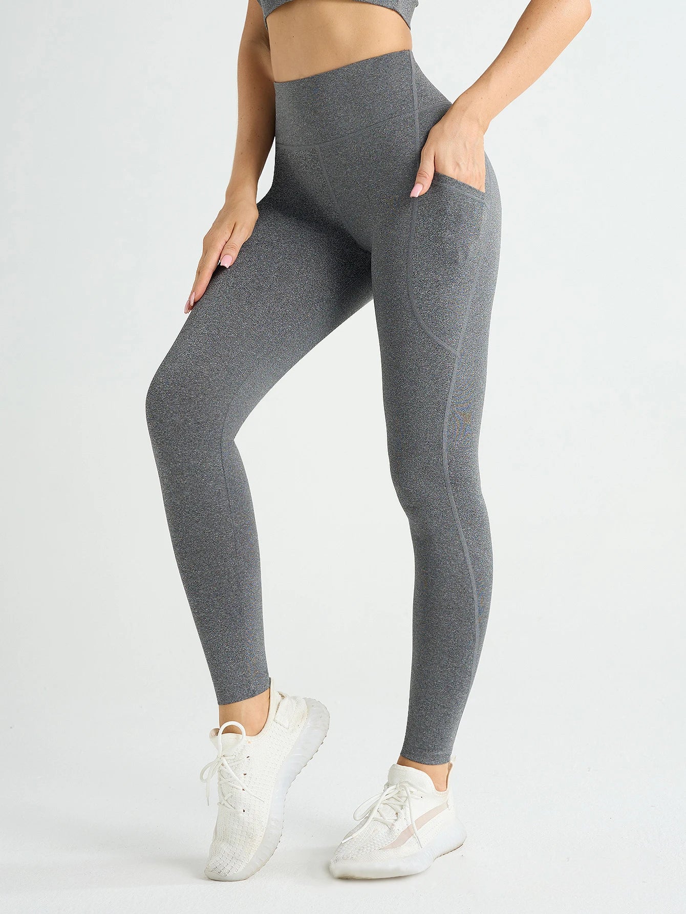 Nova cintura alta leggings meninas estiramento calças com bolsos push up fitness correndo calças esportivas cor sólida
