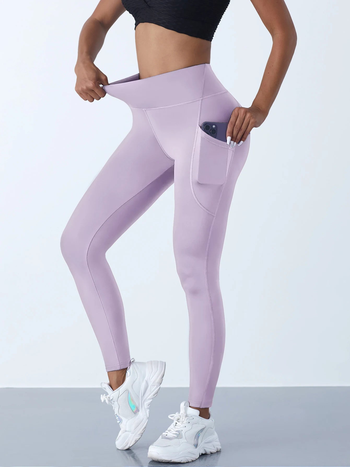 Nova cintura alta leggings meninas estiramento calças com bolsos push up fitness correndo calças esportivas cor sólida