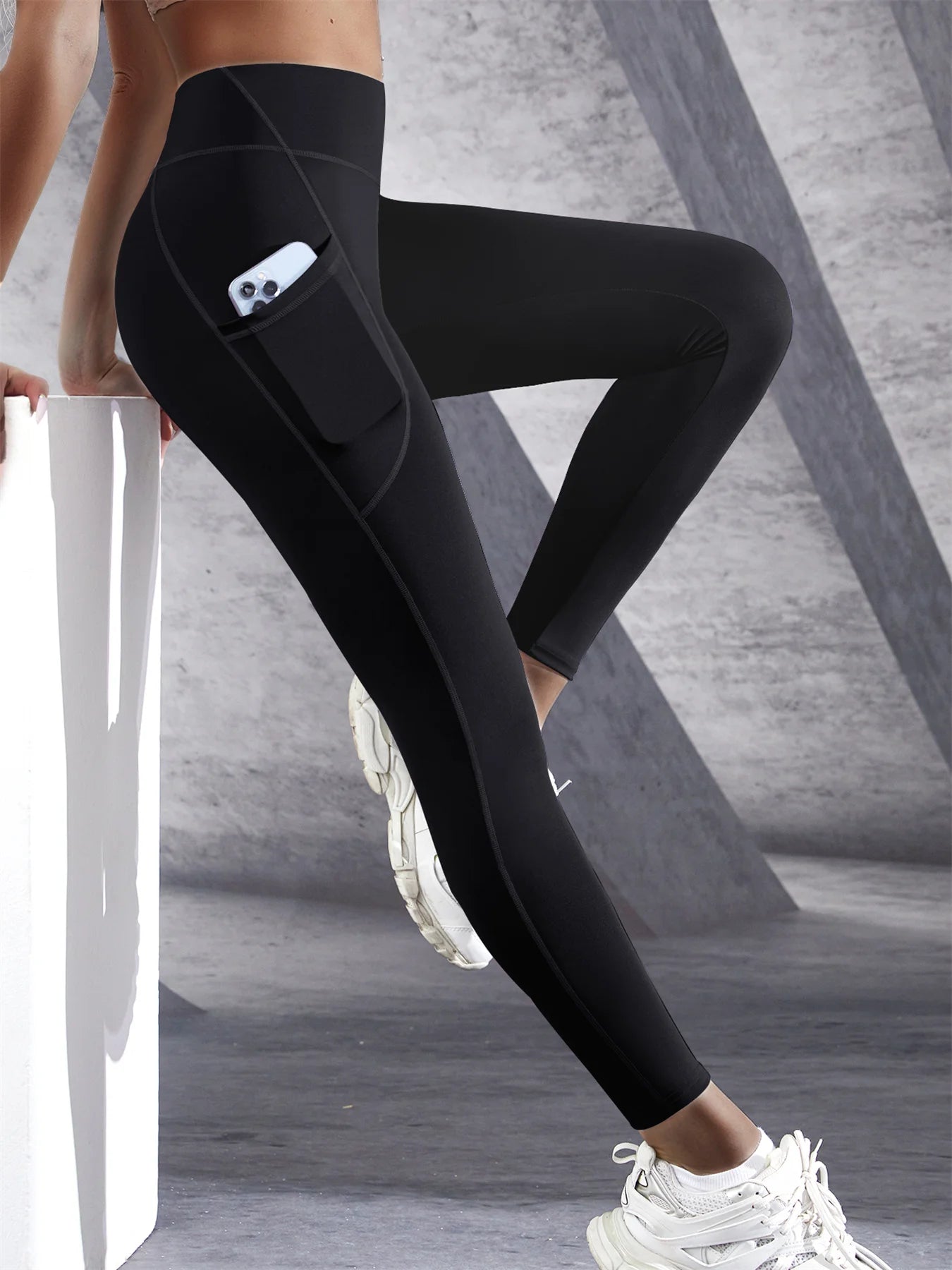 Nova cintura alta leggings meninas estiramento calças com bolsos push up fitness correndo calças esportivas cor sólida
