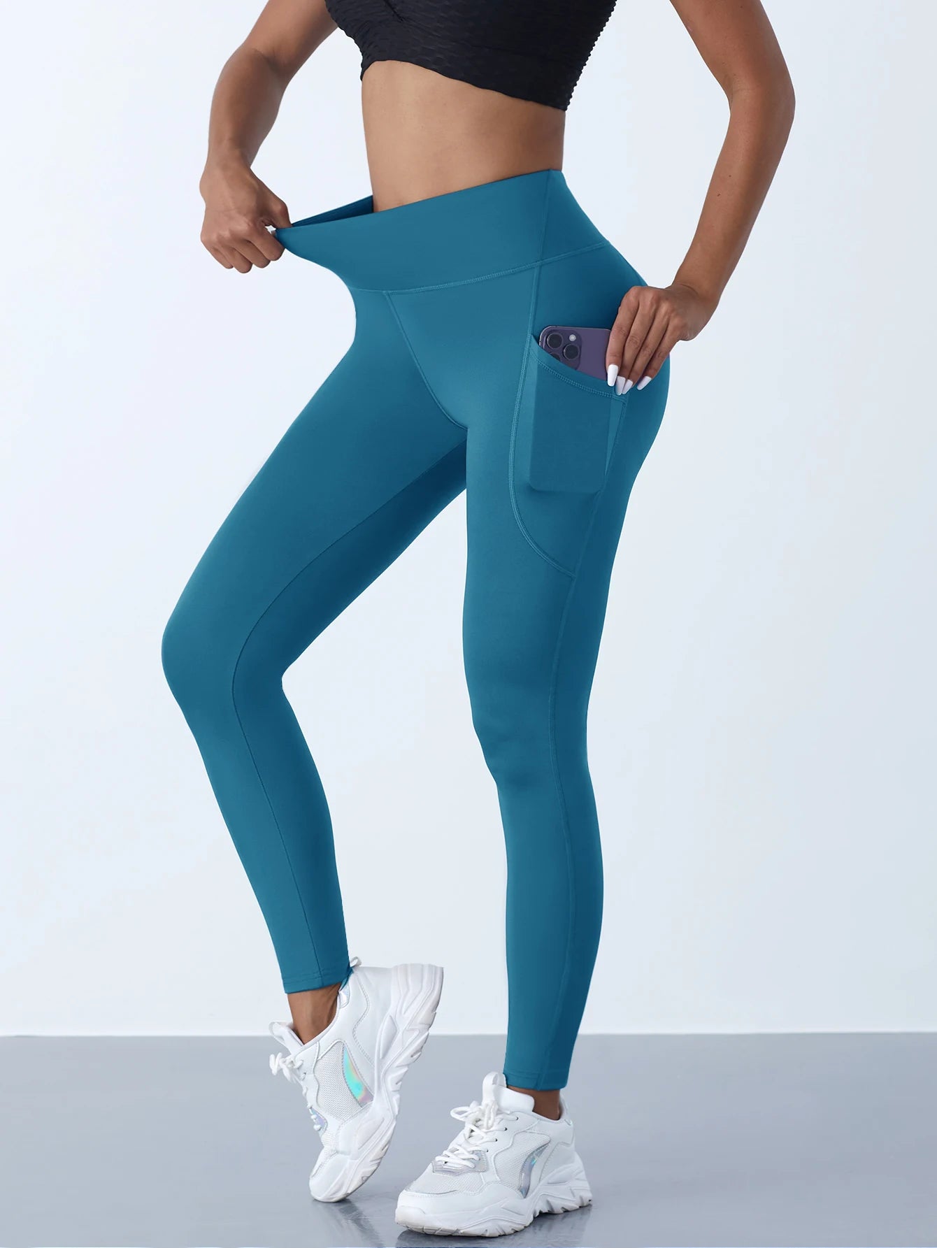 Nova cintura alta leggings meninas estiramento calças com bolsos push up fitness correndo calças esportivas cor sólida